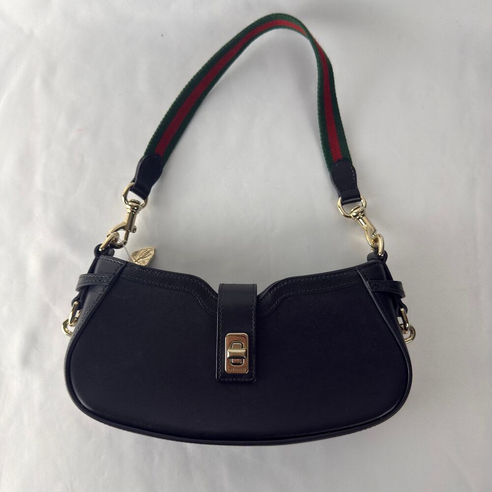 GUCCI Moon Side Mini Shoulder Bag Black Leather Green Red Web Strap Gold Crest